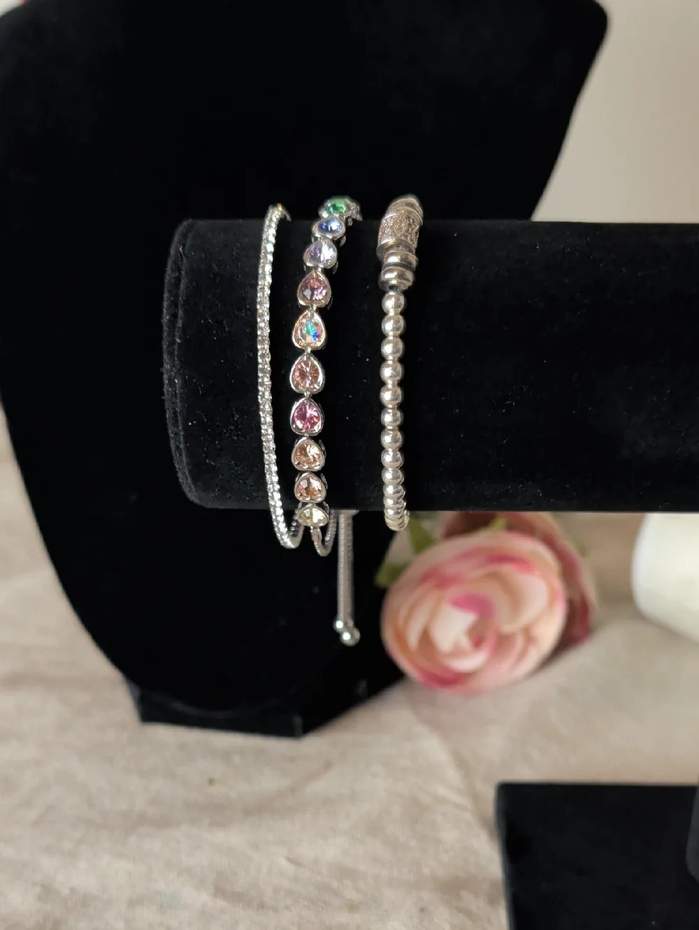 Y2K Pastel Rainbow Heart Bracelet Set Layered Silver Glam Stack